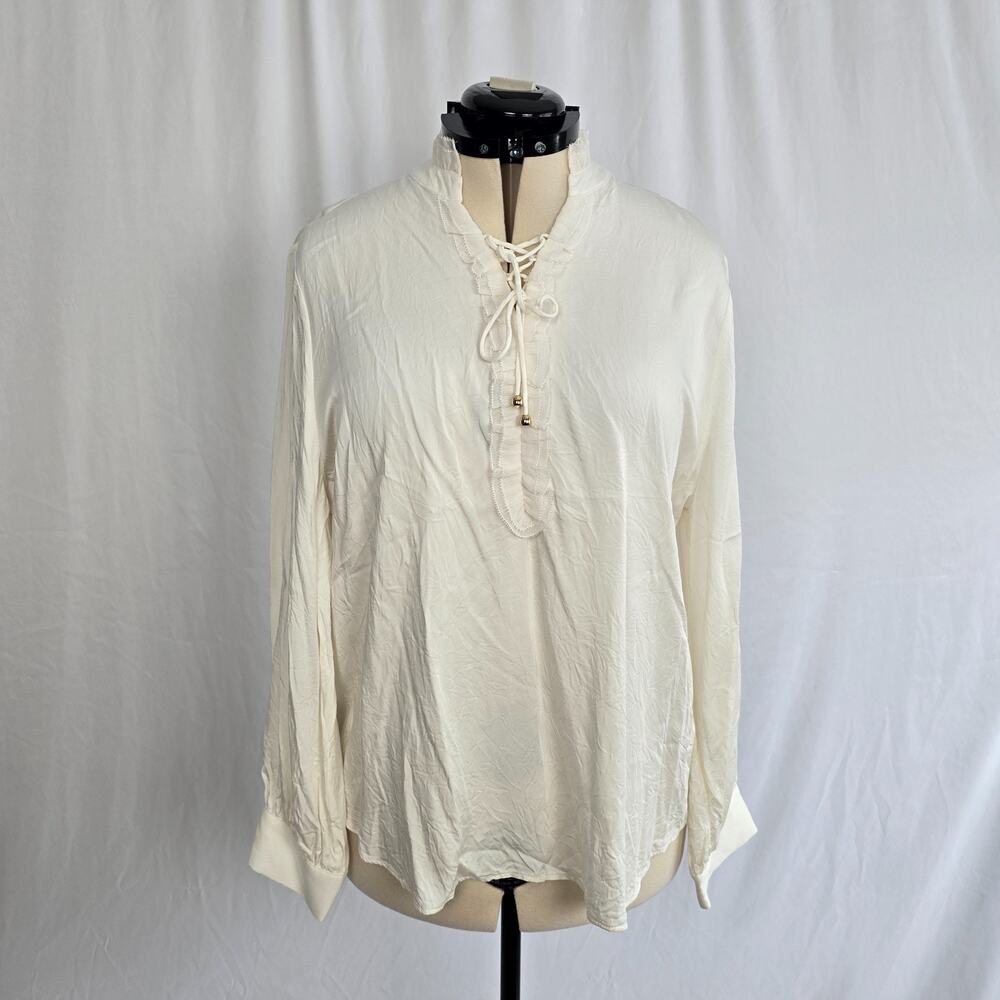 Chico's Silky Soft Blouse Women's 16 - 18 Off White Lace Up V-Neck Long Sleeve